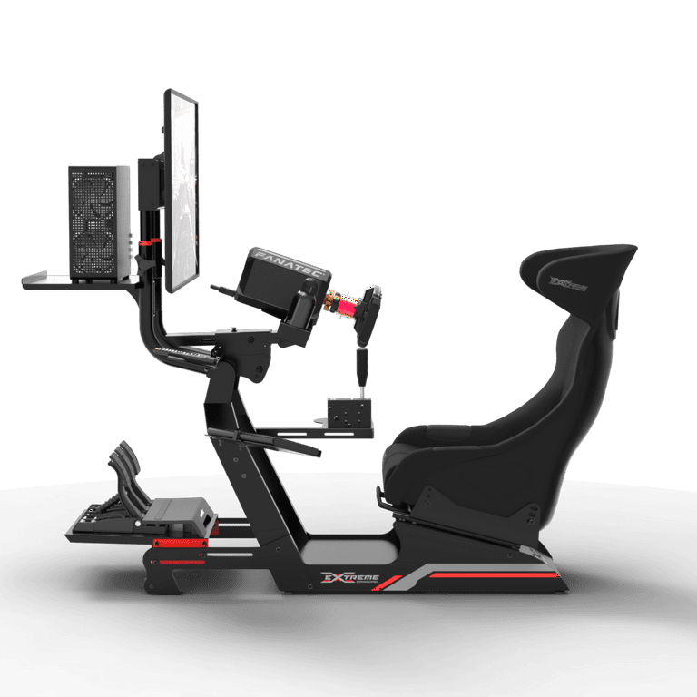 Cockpit de simracing en aluminium, avec volant, pédales, écran panoramique, boite séquentielle, et ordinateur.