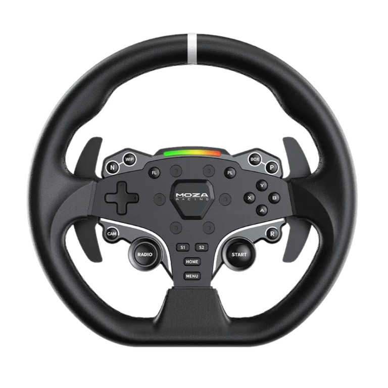 Volant de simracing en cuir et plastique, avec des boutons et un petit affichage LED